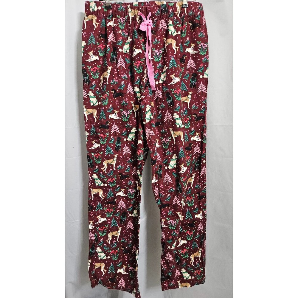 Dog-Themed Burgundy Pajama Pants With Pink Drawstring & Festive Print Size 40 In